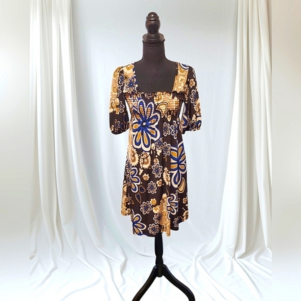 Vintage Floral Patterned Smocked Brown and Blue Dress Size Small